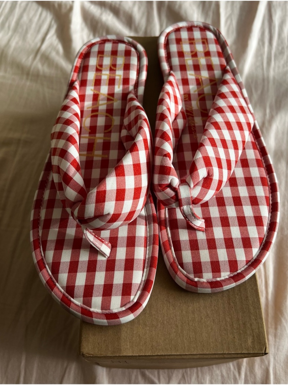 Red and White Gingham Platform Flip Flop Sandals